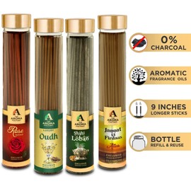The Aroma Factory Organic Incense Sticks Aromatic Fragrances | Rose, Attar Jannat-ul-Firdaus, Oudh & Loban | No Charcoal, Scented Incense | Herbal Pooja Agarbatti | 4x100g Jute Bag Giftset