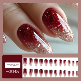 Gradient Wine Red Press on Nails Almond Medium Fake Nails - French Tip Press on Nails with Glitter Designs, Almond Shape Glue on Nails for Women, Reusable Stick on Nails - 24Pcs False Nails Kit