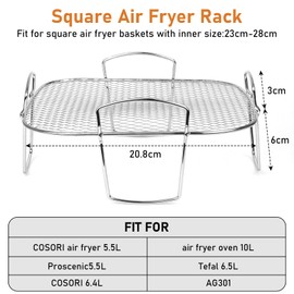 Air Fryer Rack Square for Cosori 5.5L / Instant Vortex Plus 8.5L / Gourmia 6.7L / Tefal 6.5L, Air Fryer Shelf Rack, Stainless Steel Air Fryer Accessories for Airfryer Cooking
