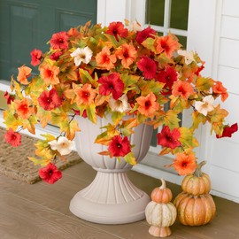 Fall Flowers Artificial for Decoration Fake Petunias Plants for Outdoor, 2PCS Autumn Silk Faux Flower UV Resistant No Fade Floral for Garden Balcony Yard Porch Realistic Indoor Decor (Orange White)