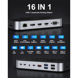 USB C Docking Station Dual Monitor, Laptop USB C Dock Triple Monitor 16 in 1 Docking Station Dual HDMI,DisplayPort,VGA,PD,Ethernet,USB 3.1 Port,SD TF Slot,Audio for Dell/HP/Lenovo/Surface Laptops