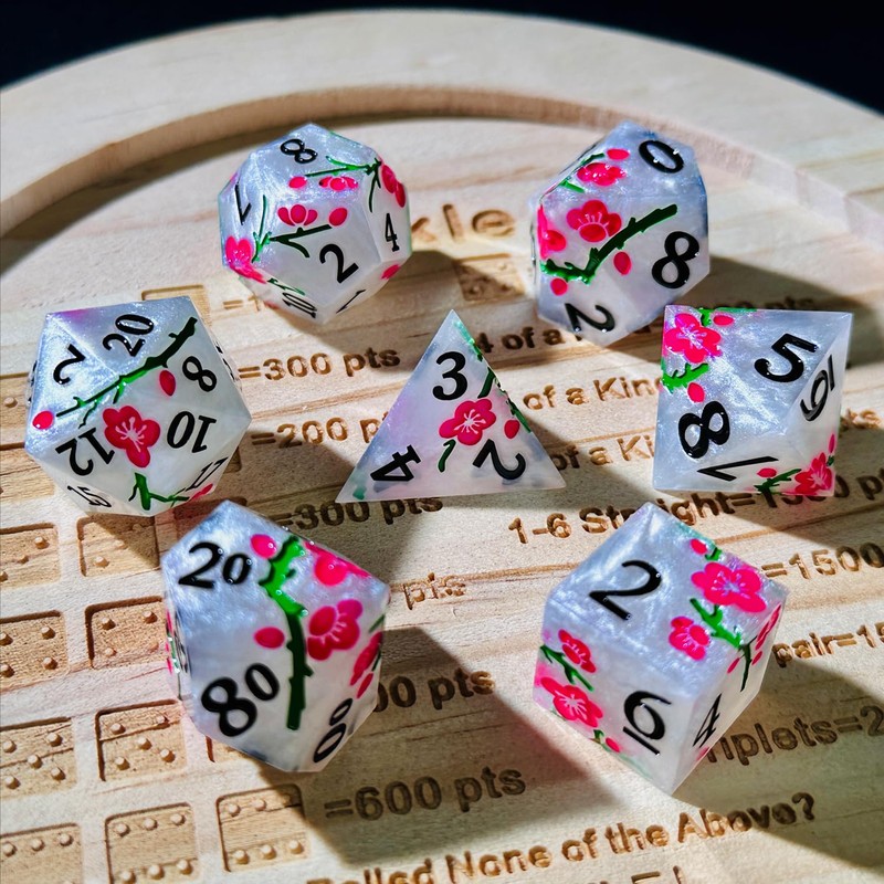 HAOMEJA Resin Flower Dice Set 7pcs/ Sharp Edged Polyhedral Dice/Apply