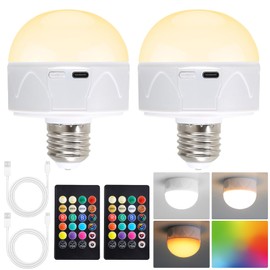 AUXRAM Pack of 2 Rechargeable LED Light Bulb with Remote, 2600mAh Battery Operated Light Bulbs with 3000K/4000K/5000K 9 RGB Colors, Emergency Bulbs for Camping, Pendant Lights, Wall Lamps
