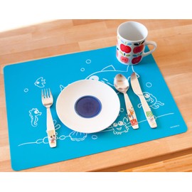 Dinomio Platzset aus Silikon für Kinder. Tischset blau mit frechem Fisch - rutschfest und abwischbar, 40 x 30 cm