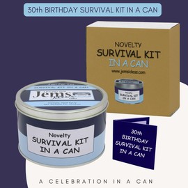30th Birthday Survival Kit in a Can – Funny Novelty Gift for Men & Women – Unique Keepsake Present for Him or Her – Quirky Gift Box Packed with Fun for Milestone Celebration (Blue/Navy)