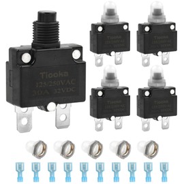 Tiooka 30Amp Thermal Circuit Breaker Assortment Kit Push Button Manual Reset 125/250V AC 32V DC Quick Connect Terminals Waterproof Button Caps for Overload Protection Applications 5Pcs
