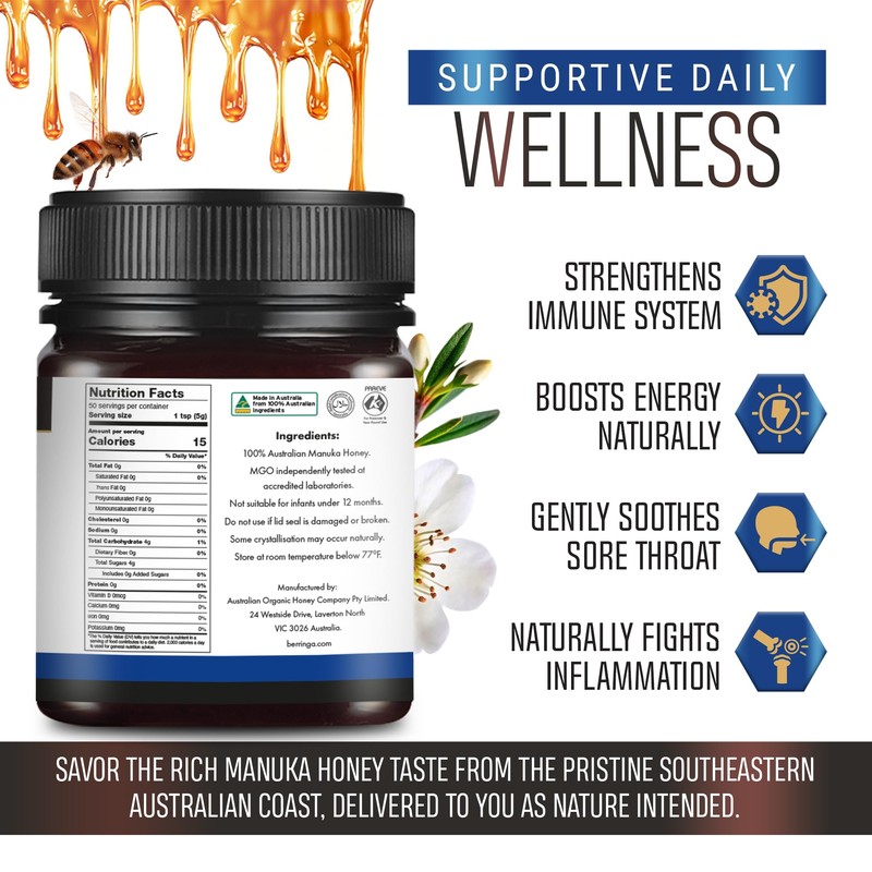 Berringa Manuka Honey Organic MGO 550+ High Strength, Supports General