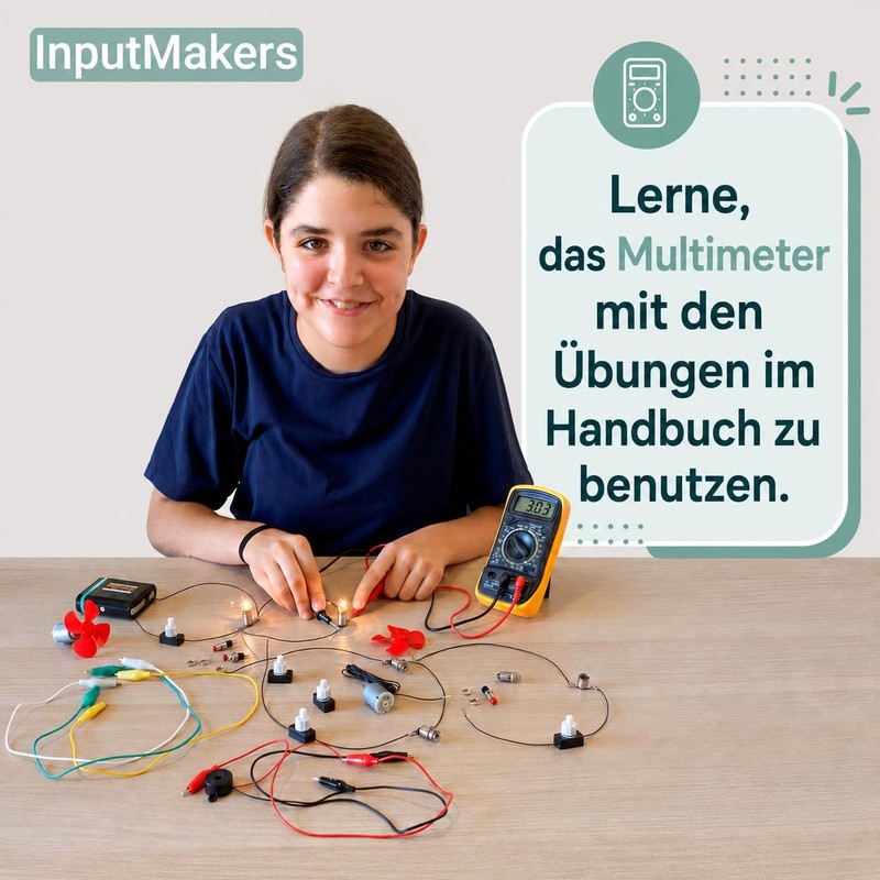 InputMakers Elektrobaukasten für Kinder mit Multimeter Digital, stromkreis bausatz kinder,
