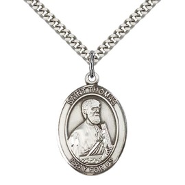 F A Dumont Sterling Silver St. Thomas The Apostle Pendant with 24" Stainless Steel Heavy Curb Chain. Patron Saint of Architect/Blind People