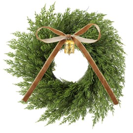 Dingion 12 Inch Cedar Wreath Faux Cedar Christmas Wreath Realistic Christmas Outdoor Wreath with Vintage Rustic Cow Bell Brown Velvet Ribbon for Christmas Decorations Holiday Indoor Front Door Decor