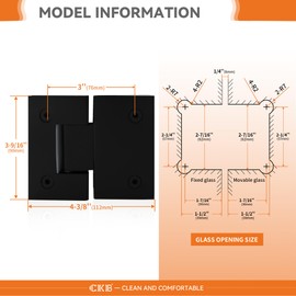 CKB 180 Degree Solid Brass Shower Door Hinge, Designed for 5/16"(10mm) to 1/2"(12mm) Thickness Tempered Glass, Frameless Shower Door Hardware kit with Matte Black