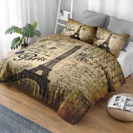 Pamnest Comforter Set King Size, Paris Eiffel Tower Vintage 3 Pcs Soft Bedding Set for Kids and Adults, Vintage Love Retro Comforter Set with 2 Pillowcases, for Bedroom Bed Decor