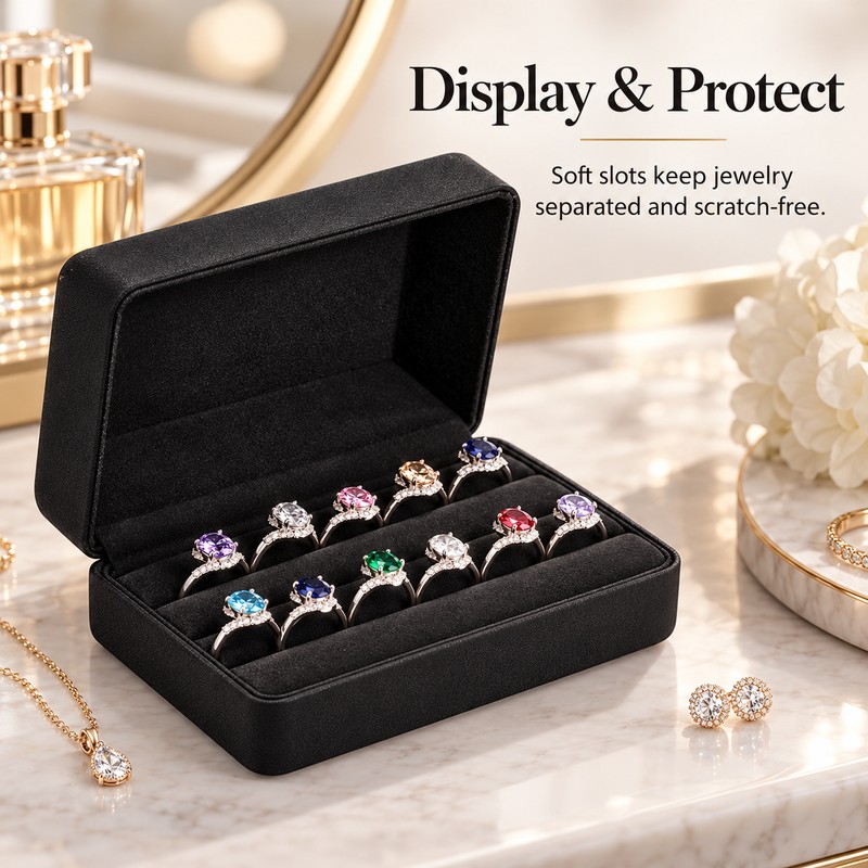PU Leather Ring Jewelry Box – Multi-Ring Organizer with Velvet