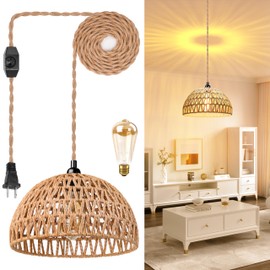 Plug in Pendant Light Rattan Hanging Lamp with 15 Ft Hemp Rope Cord, Wicker Hanging Lights with Bamboo Basket Lamp Shade,Dimmable Switch Woven Boho Plug in Ceiling Light for Living Room Bedroom