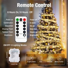 btfarm 12M 120LED Christmas Ribbon Fairy Lights with Remote, Christmas Tree Lights 8 Modes Waterproof Copper Wire Fairy Lights for Christmas Tree Decoration, Indoor, Bedroom,Silver Ribbon Warm White