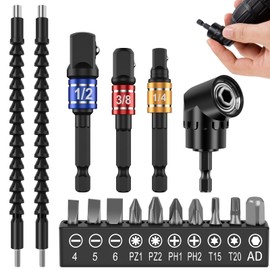 16Pcs Flexible Drill Bit Extension Kit Quick Release Soft Shaft Screwdriver Kit with 10 Screwdriver Bits 105° Right Angle Drill Attachment 1/4inch 3/8inch 1/2inch Drill Socket Adapter(16pcs)