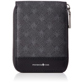 Patrick Cox PLAID KINGS Folding Wallet with Round Zipper, Coin Purse, Unisex, PVC, Cowhide Leather, Lily Pattern, Storage Capacity, Box Shaped Coin Case, Compact, Black