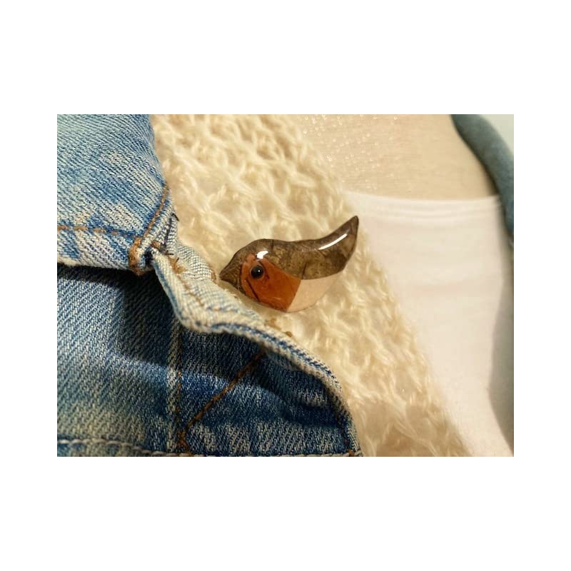 Robin brooch pin Birch wood badge winter bird pin in