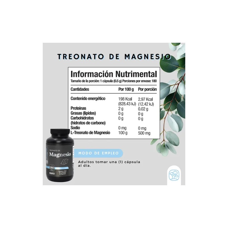Treonato Magnesio Magnesium Threonate Vitaminas Mujer Hombre 180 Cápsulas Meses