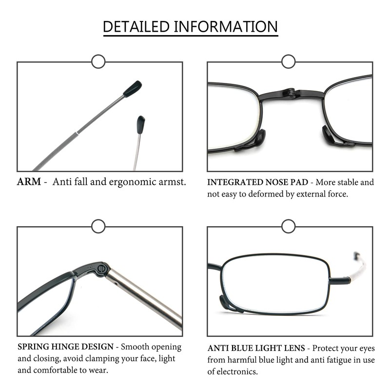 prtcslwd 2 Pack Folding Reading Glasses Stainless Steel Mini Anti-Blue