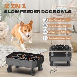 UPSKY Slow Feeder Dog Bowl, 2-in-1 Raised Dog Bowl with Anti-Choking Maze Puzzle, 2-6 Cups Pet Food for Small & Medium Breeds, Interactive Pet Feeder to Slow Eating, Reduce Boredom Grey