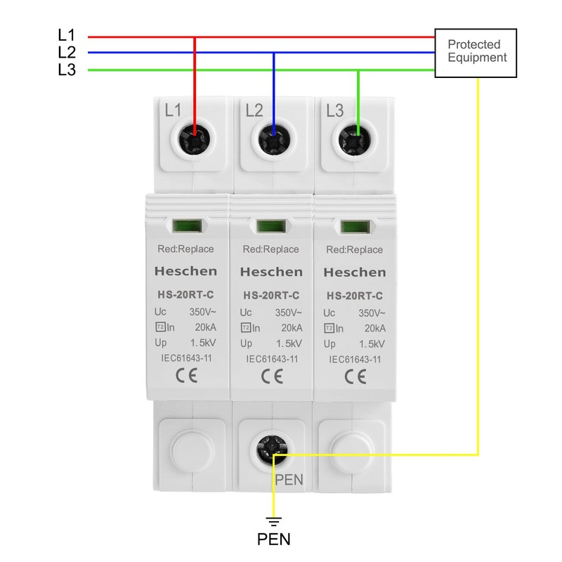 Heschen Surge Protector SPD, HS-20RT-C, 3P 350VAC 20KA, Integrated Replaceable