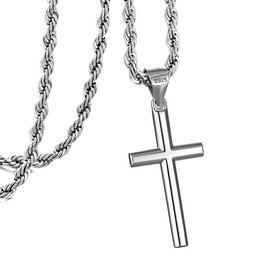 murtoo 925 Sterling Silver Cross Necklce for Men, Cross Pendant Necklace with Stainless Steel Curb Chain Wheat Chain Twisted Rope Chain, Silver Cross Chain Necklace for Men Women (Twisted Rope Chain, 22")