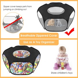 SlowTon Small Animal Playpen, Foldable Pet Cage with Top Cover Anti Escape, Breathable Transparent Indoor/Outdoor Use Pop Up Yard Fence for Kitten, Puppy, Guinea Pig, Rabbits, Hamster (Black)