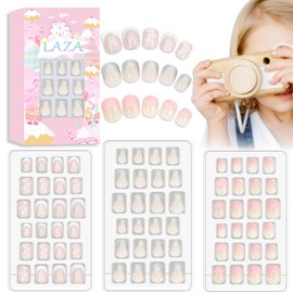 Laza Set di unghie finte da 72 pezzi per bambini con stampa su copertina completa con stelle glitter argento cuore rosa corto ombré per bambini adolescenti ragazze - caramelle scintillanti