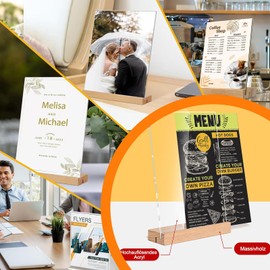 qhklew Table Stand, Pack of 2 Acrylic Table Stands with Wooden Base, Acrylic Photo Stand, Advertising Stand Display, Double-Sided Display Stand for Price Tags, for Restaurants, Cafes, Offices (A4)