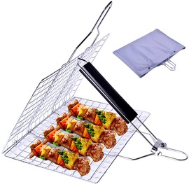Grill Basket - Stainless Steel BBQ Portable Foldable Cooking Grate with Removable Handle for Outdoor Barbecuing Fish Vegetables Rectangle