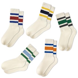 Womens Striped Socks Retro Crew Socks Women Slouchy Athletic Calf Socks, 5pack-black-green&black-yellow&blue-red&blue-green&blue-orange, One Size