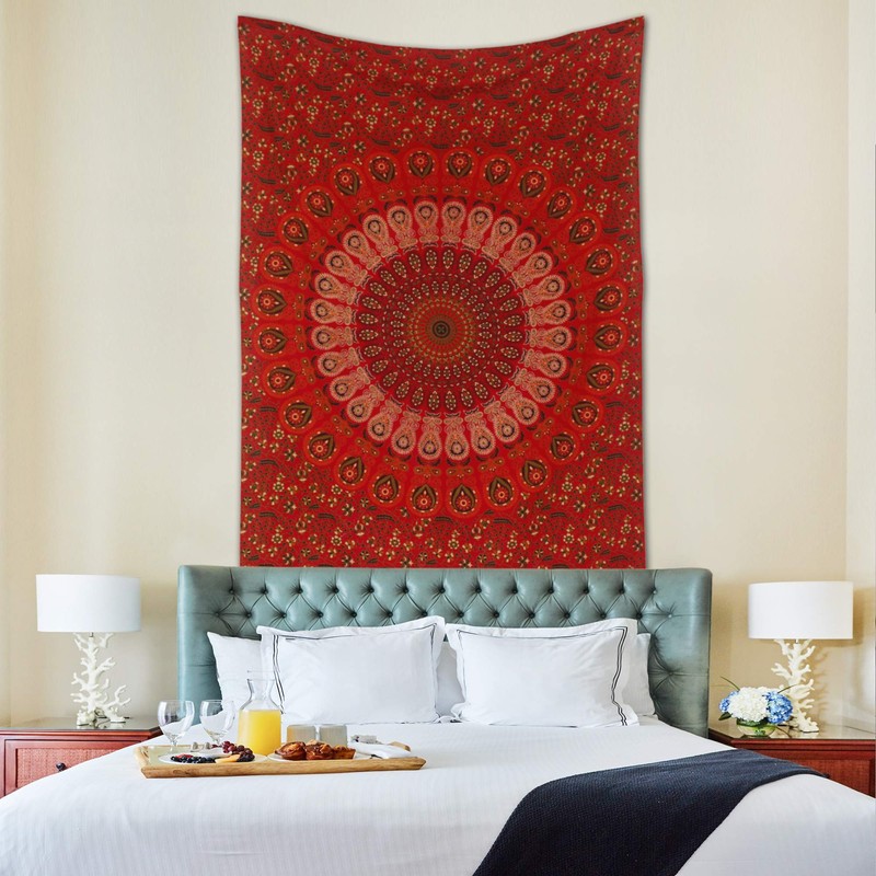 raajsee Indian Cotton Red Tapestry Mandala Wall Hangings, Boho Throw