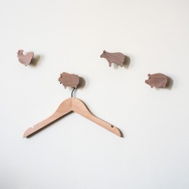 Farm Animals Wall Hooks Made of Untreated Walnut Wood (Cow Sheep Pig Chicken) Farm Wardrobe Entrance Area Coat Hook Nursery Hallway Baby Gift
