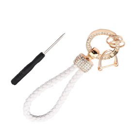 Leather Car Keychain with Bling Rhinestones, Snap Swivel Key Ring, Key Tag Car Key Fob Holder, Key Organizer for Men Women, Anti-Lost D-Ring (White)