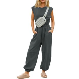 Flygo Womens Casual Jumpsuit Crewneck Cap Sleeve Long Wide Leg Pants One Piece Outfits Drawstring Romper with Pockets(DarkGrey-XL)