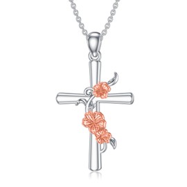 LEECCI Sterling Silver Moonstone Hibiscus Cross Pendant Necklace, 18in, Women's Floral Pendant, No Gemstone