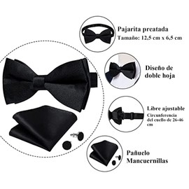 REKOBON Juego de Pajaritas de Color Sólido para Fiesta de Hombres, Pajarita Preatada y Juego de Gemelos Cuadrados de Bolsillo, Pajarita de Esmoquin Formal de Satén Ajustable, Negro