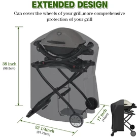 Extended Weber Grill Cover for Q100 Q1000 Q1200 Q200 Q2000 Q2200 Series With Q Portable Cart - Longer Replacement for 7113 Cover