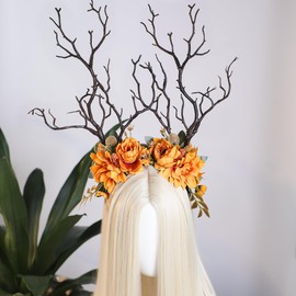 MOSTORY Woodland Antler Branch Headband - Orange Flower Branch Headpiece for Fall Tree Costume Women, Floral Forest Hairband for Renaissance Accessories Cosplay Fairycore Outfit