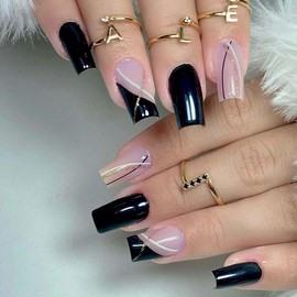 Black French Fake Nails Medium Length Square Press on Nails with Black White Lines Design Glossy Coffin Nails Full Cover Nail Tips Glue on Nails Artificial Acrylic False Nails for Women 24Pcs