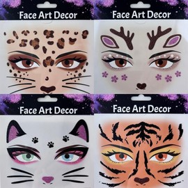 Cute face stickers, 4 colors, animal makeup, waterproof, shiny instant tattoo, Valentine's Day, Christmas party makeup, body painting, 1 set, FACE / 귀여운 페이스스티커 4개 컬러 동물분장 방수 반짝 인스턴트 문신 발렌타인 크리스마스 파티분장 바디페인팅, 1세트, FACE