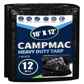 CAMPMAC Black Tarps Heavy Duty Waterproof 10x12, 12 Mil Thick, High Durability, Rip and Tear Resistant with Metal Grommets Every 20 Inches