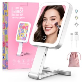 Fshyos Travel Makeup Mirror with Lights 10X/1X Double-Sided Magnifying LED Beauty Mirror Rechargeable Portable Vanity Mirror with 3 Color Lighting Smart Touch Dimming Desktop Handheld Hanging Silver