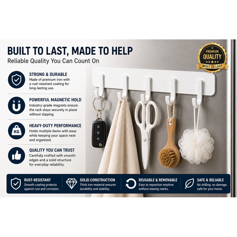 Magnetic Refrigerator Hook Rack with 5 Hanging Hooks, No-Drill Heavy