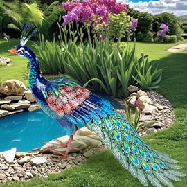 Kircust Metal Peacock Statue for Outdoor Decor - 24" L Elegant Peacock Sculpture for Garden, Patio, Yard, or Home - Weatherproof & Handcrafted Peacock Art