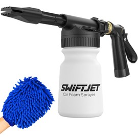 SwiftJet Car Wash Foam Gun + Microfiber Wash Mitt - Works with Any Soap - Garden Hose Car Foam Sprayer - Foam Cannon Car Wash Kit - Car Accessories Foam Blaster (Black Foam Gun with Mitt)