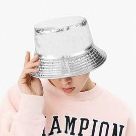 XYIYI Trendy Metallic Silver White Bucket Hat Reversible Beach Fisherman Hats for Women Men Teen Girls