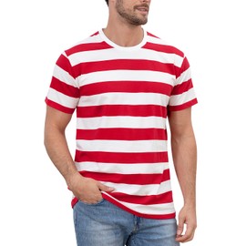 COSAVOROCK Men's Wide Striped Cotton Short Sleeve T-Shirts Crew Neck Basic Casual Top, Red & White