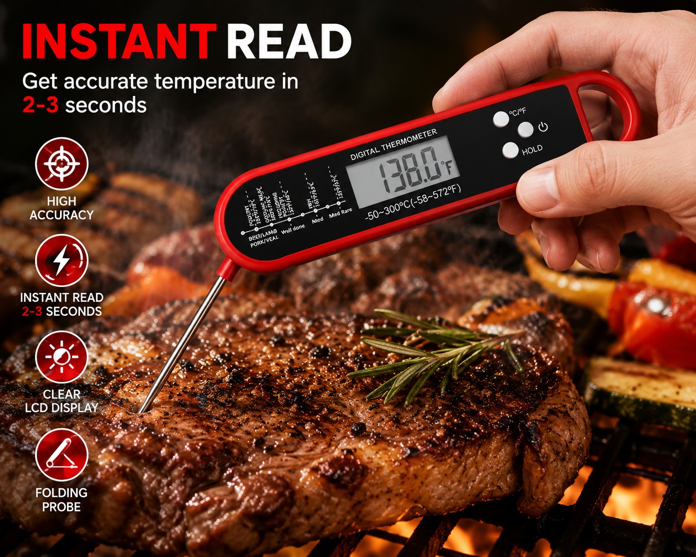Professional Digital Meat Thermometer Instant Read – Waterproof Food Thermometer with Backlit LCD, Foldable Stainless Steel Probe, °C/°F Switch, Hold Function for BBQ, Grill, Smoker, Oven, Kitchen & Candy Making
